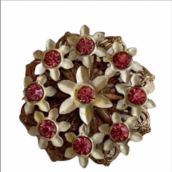 Pink Rhinestone Enamel Brooch Vintage - Picture 2 of 4